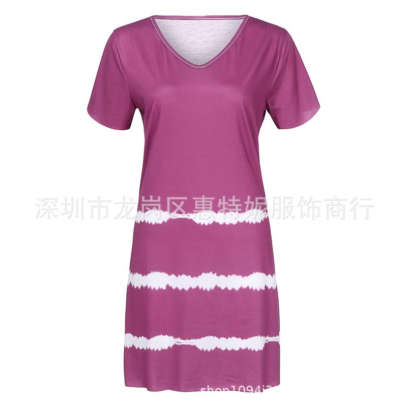 Women's V-Neck Short Sleeve Tie-Dye Wave Print Loose Casual Sexy Dress - Image 5