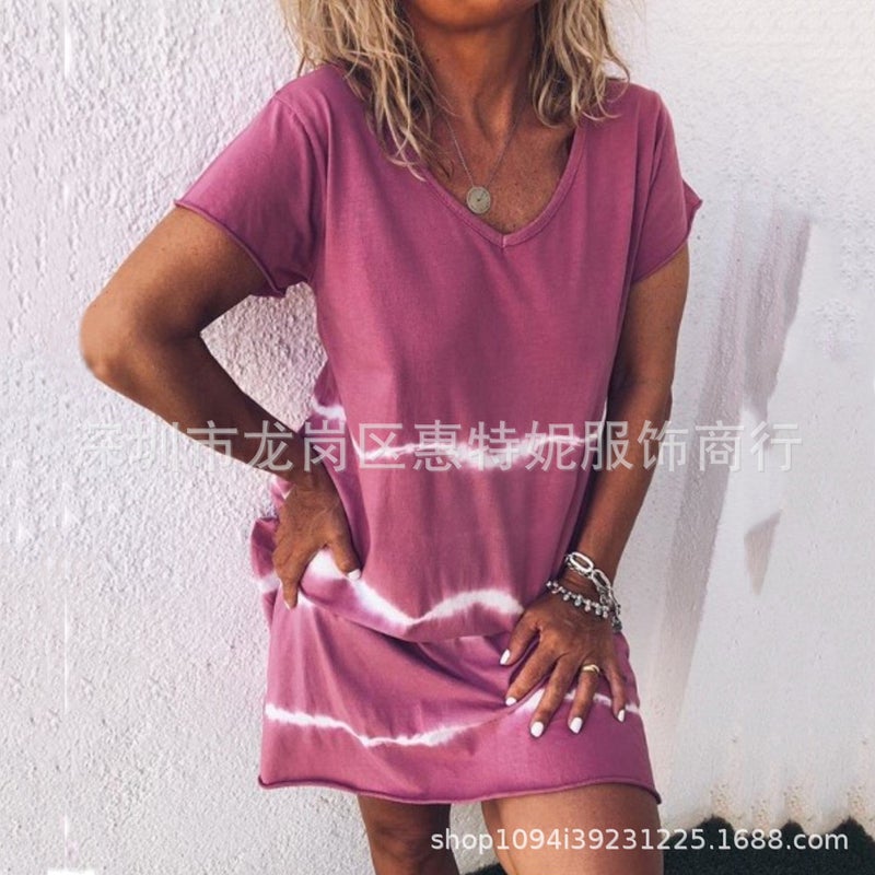 Women's V-Neck Short Sleeve Tie-Dye Wave Print Loose Casual Sexy Dress - Image 2