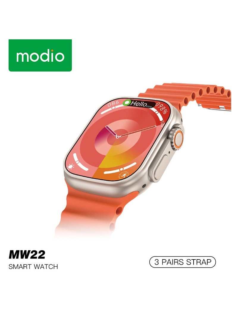 Modio MW22 Smartwatch 2.2 Inch Display With 3 Pair Straps and Charging Cable Designed for Ladies and Gents Gold - Image 1