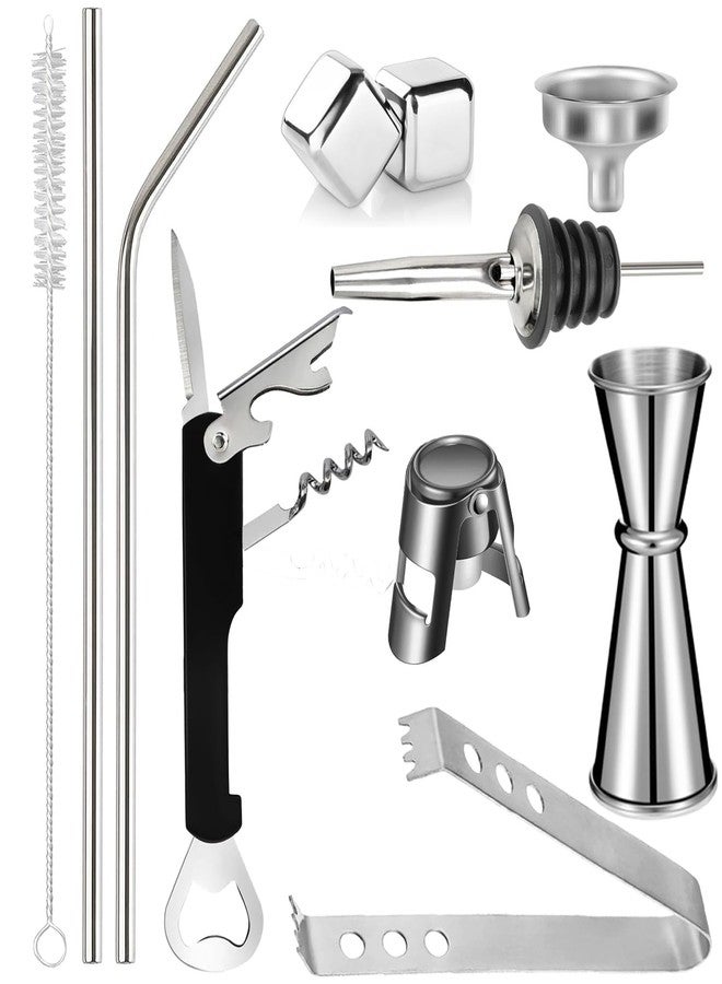 JOYUS Stainless Steel 11 Pcs Bartender Kit Set, Ice Tong, Big Bottle Opener, Tall Peg Measure 30/60 ml, Bottle Cap, 2 Metal Ice Cube, Pourer, Mini Funnel, Straw Set, (11 Pcs Set) - Image 1