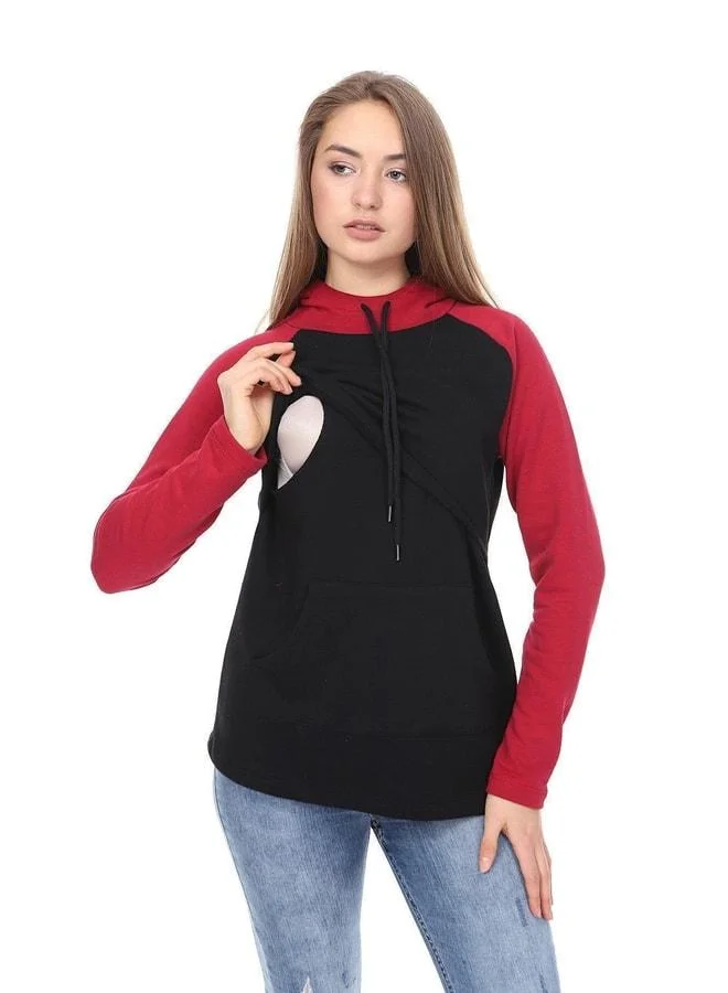 LuvmaBelly Myra4525 Maroon & Black Color-Block Hooded and Pocket Nursing Sweatshirt.