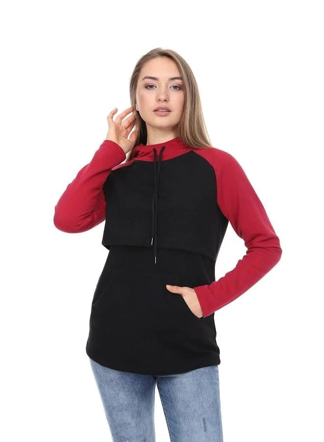 LuvmaBelly Myra4525 Maroon & Black Color-Block Hooded and Pocket Nursing Sweatshirt.