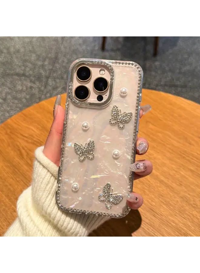 White Pearl Shell Diamond Case For IPhone 16 Pro Max 3D erfly Rhinestone Frame Cover Elegant Shockproof Design - Image 4