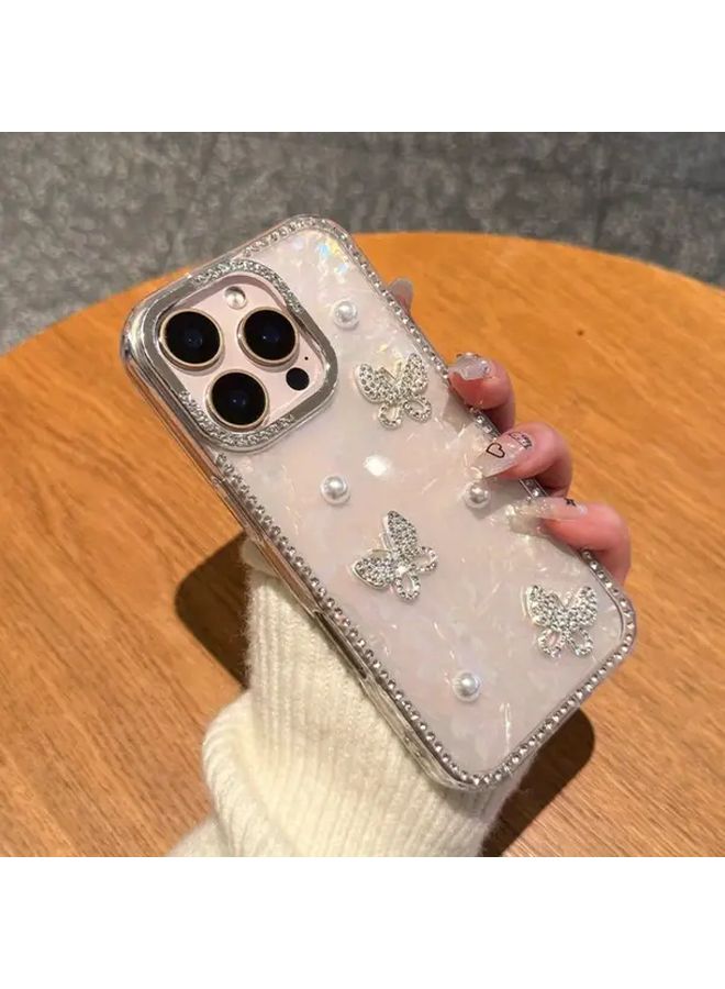 White Pearl Shell Diamond Case For IPhone 16 Pro Max 3D erfly Rhinestone Frame Cover Elegant Shockproof Design - Image 5