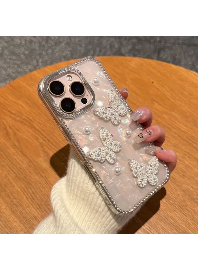 White Pearl Shell Diamond Case For IPhone 16 Pro Max 3D erfly Rhinestone Frame Cover Elegant Shockproof Design - Image 3