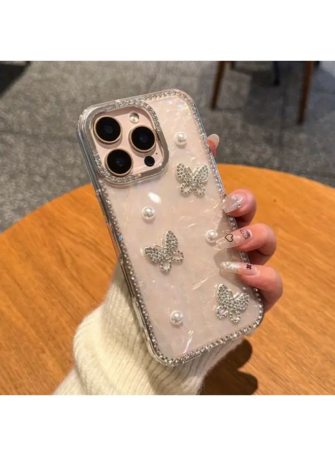 White Pearl Shell Diamond Case For IPhone 16 Pro Max 3D erfly Rhinestone Frame Cover Elegant Shockproof Design - Image 2