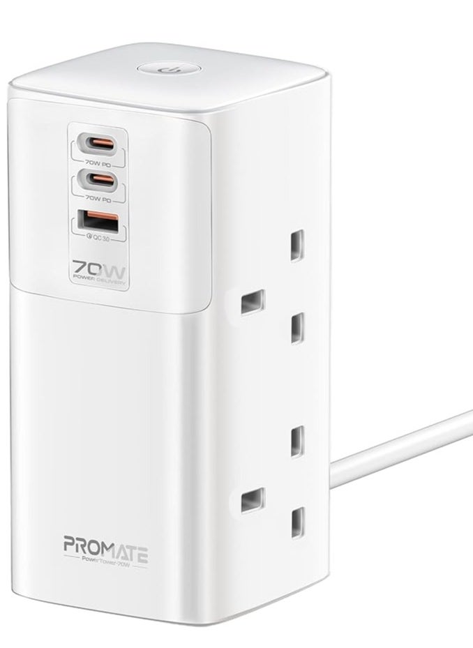 PROMATE - Promate PowerTower-70W - 70W Multi-Port Charging Station provides high-efficiency charging for multiple devices at the same time. It features two 70W USB-C Power Delivery ports, a 30W QC 3.0 port, and four 2500W universal AC outlets to meet the needs of all your devices. - Image 1