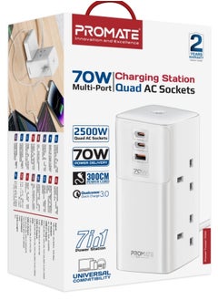 PROMATE Promate PowerTower-70W - 70W Multi-Port Charging Station provides high-efficiency charging for multiple devices at the same time. It features two 70W USB-C Power Delivery ports, a 30W QC 3.0 port, and four 2500W universal AC outlets to meet the needs of all your devices.  - Image 2