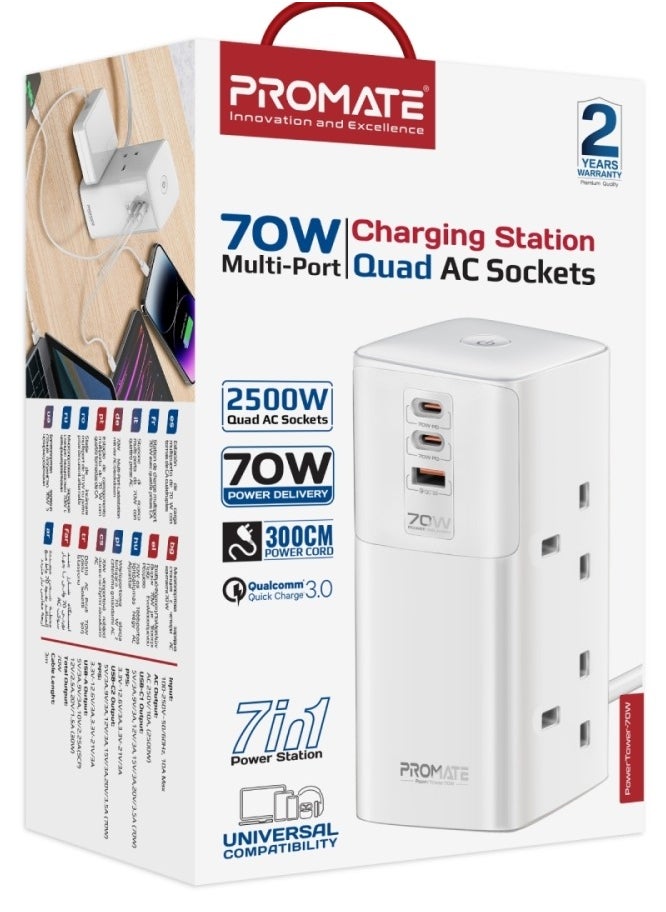 PROMATE - Promate PowerTower-70W - 70W Multi-Port Charging Station provides high-efficiency charging for multiple devices at the same time. It features two 70W USB-C Power Delivery ports, a 30W QC 3.0 port, and four 2500W universal AC outlets to meet the needs of all your devices. - Image 1