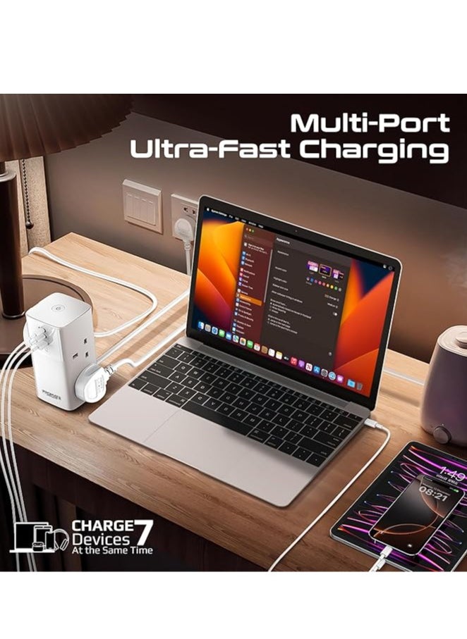 PROMATE - Promate PowerTower-70W - 70W Multi-Port Charging Station provides high-efficiency charging for multiple devices at the same time. It features two 70W USB-C Power Delivery ports, a 30W QC 3.0 port, and four 2500W universal AC outlets to meet the needs of all your devices. - Image 1
