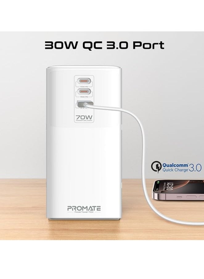 PROMATE - Promate PowerTower-70W - 70W Multi-Port Charging Station provides high-efficiency charging for multiple devices at the same time. It features two 70W USB-C Power Delivery ports, a 30W QC 3.0 port, and four 2500W universal AC outlets to meet the needs of all your devices. - Image 1