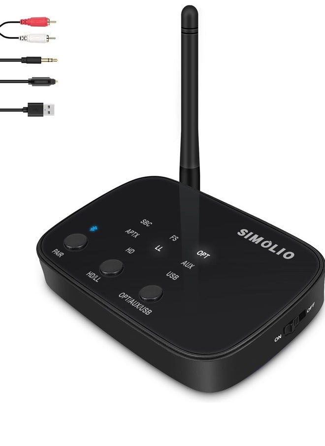 SIMOLIO - Bluetooth 5.0 Transmitter for TV, aptX Low Latency & aptX HD Wireless Audio Adapter for BT Headphones/Speakers, Optical/RCA/AUX/USB, Connect to 2 Headsets Simultaneously, Class 1, 197 ft Range - Image 1