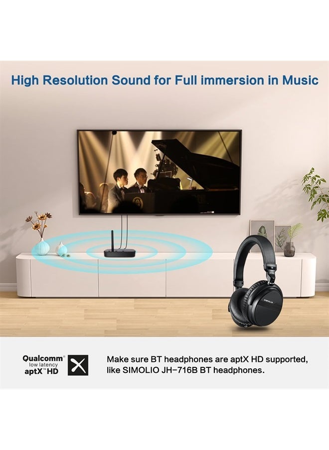 SIMOLIO - Bluetooth 5.0 Transmitter for TV, aptX Low Latency & aptX HD Wireless Audio Adapter for BT Headphones/Speakers, Optical/RCA/AUX/USB, Connect to 2 Headsets Simultaneously, Class 1, 197 ft Range - Image 1