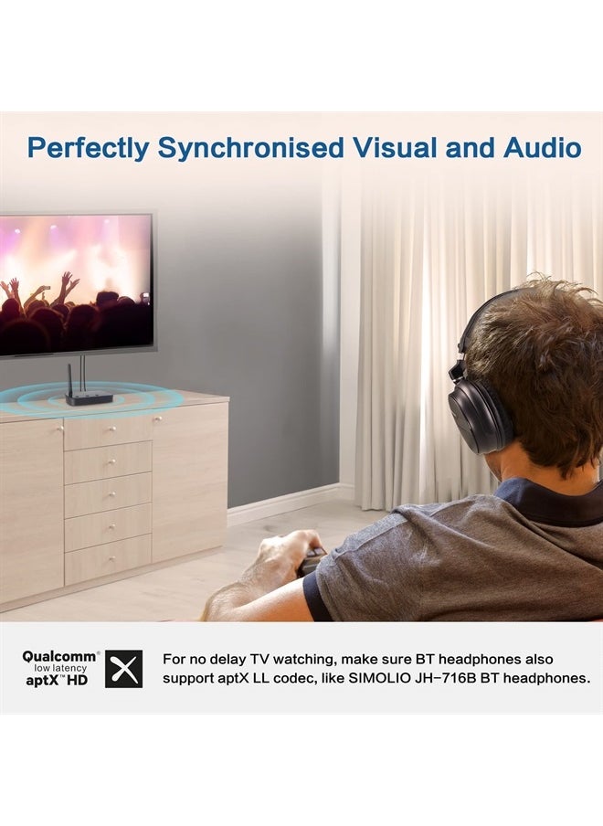 SIMOLIO - Bluetooth 5.0 Transmitter for TV, aptX Low Latency & aptX HD Wireless Audio Adapter for BT Headphones/Speakers, Optical/RCA/AUX/USB, Connect to 2 Headsets Simultaneously, Class 1, 197 ft Range - Image 1