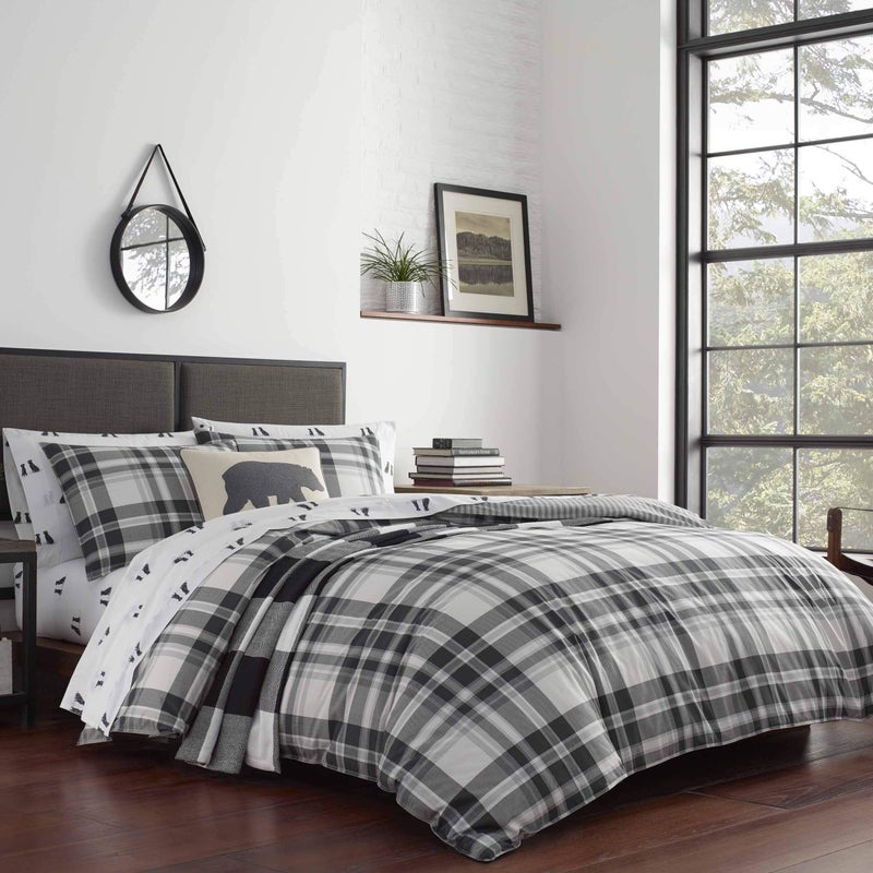 Eddie Bauer Eddie Bauer  Queen Comforter Set Cotton Reversible Bedding with Matching Shams Plaid Home Decor for All Seasons Coal Creek Grey Queen