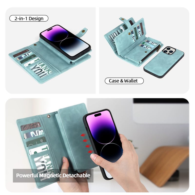 TwoHead for iPhone 14 Pro Max Wallet Case with Card Holder&PU Leather Wallet, Detachable Magnetic Phone Case for Women/Men (Blue) - Image 3