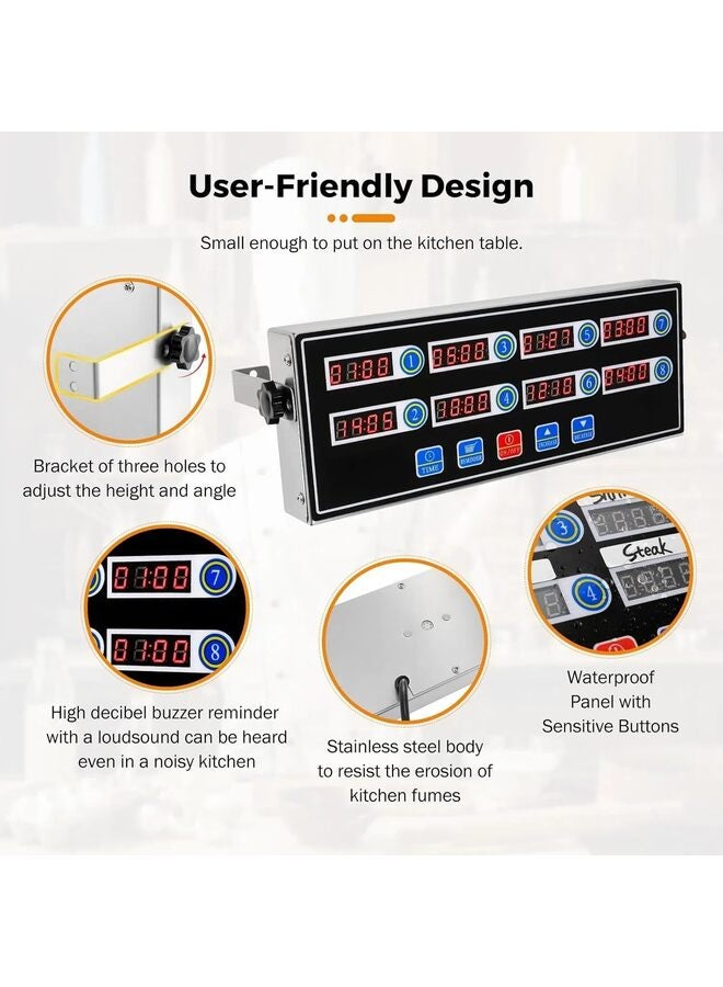 مؤقتات مطبخ بـ 8 قنوات، مؤقت طهي تجاري، مؤقت مطعم مع منبه عالي لتذكيرك بالطهي، مؤقت حسابي من الفولاذ المقاوم للصدأ لطهي البرجر في مناسبات متعددة - Image 2