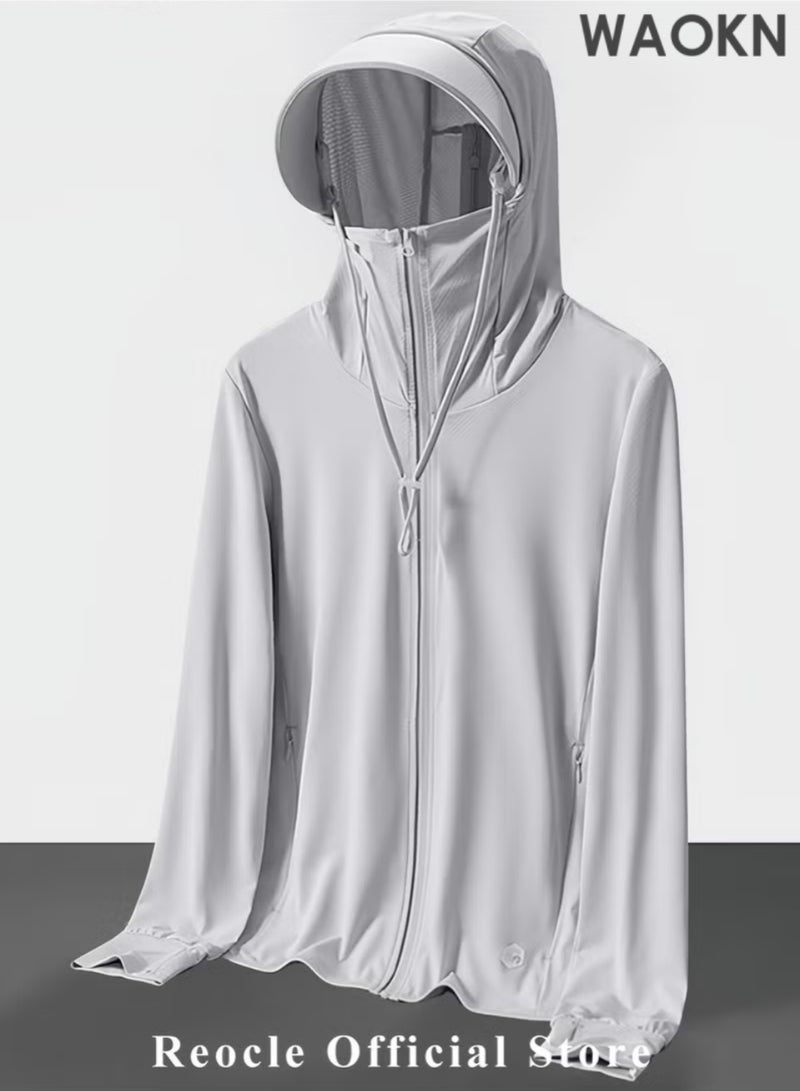 WAOKN UPF 50+ UV Sun Protection Clothing with Removable Hat Brim for Men&women, Sun Protection Ice Silk Clothing Long Sleeve Hoodie Sun Shirt, Summer Elastic Quick Dry Sun Shirts Full Zipper Fishing Jacket-XL - Image 1