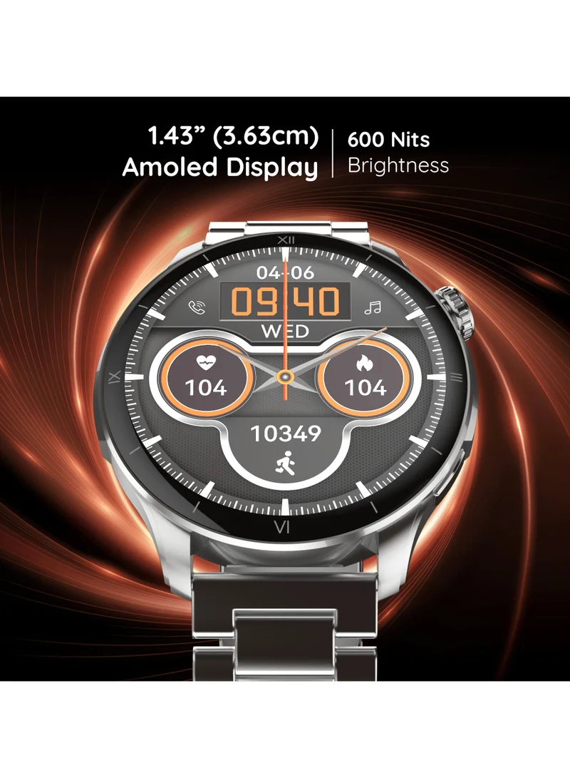 Pebble Cosmos Vault 1.43" Bright HD Display Smartwatch, Bluetooth Calling, Blood Oxygen, Heart Rate Monitoring, Multi Sports Mode, Step Pedometer, Multiple Watch Faces, Ai Voice Assistant, Classic Silver