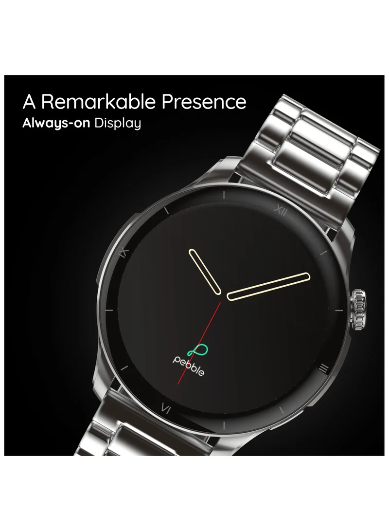 Pebble Cosmos Vault 1.43" Bright HD Display Smartwatch, Bluetooth Calling, Blood Oxygen, Heart Rate Monitoring, Multi Sports Mode, Step Pedometer, Multiple Watch Faces, Ai Voice Assistant, Classic Silver