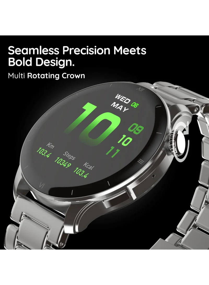 Pebble Cosmos Vault 1.43" Bright HD Display Smartwatch, Bluetooth Calling, Blood Oxygen, Heart Rate Monitoring, Multi Sports Mode, Step Pedometer, Multiple Watch Faces, Ai Voice Assistant, Classic Silver