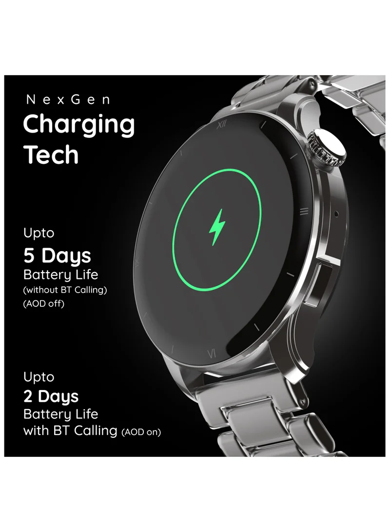 Pebble Cosmos Vault 1.43" Bright HD Display Smartwatch, Bluetooth Calling, Blood Oxygen, Heart Rate Monitoring, Multi Sports Mode, Step Pedometer, Multiple Watch Faces, Ai Voice Assistant, Classic Silver
