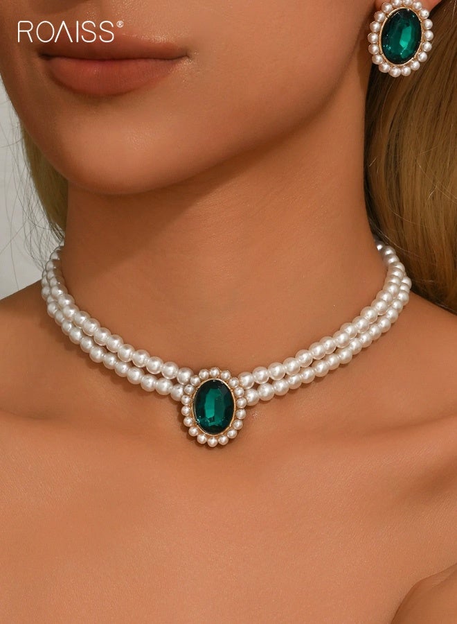 رويس مجموعة مجوهرات نسائية فاخرة متعددة الطبقات من اللؤلؤ الصناعي بتصميم هندسي من الكريستال ومجموعة أقراط من الكريستال مجوهرات عصرية للنساء كهدية للحفلات باللون الأخضر - Image 1