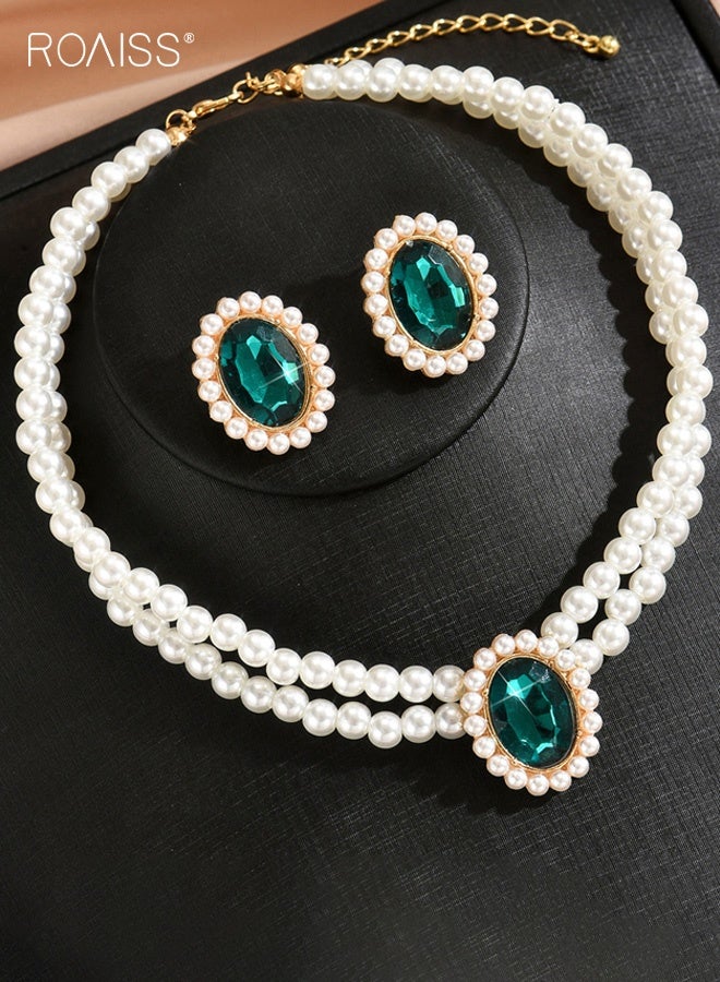 رويس مجموعة مجوهرات نسائية فاخرة متعددة الطبقات من اللؤلؤ الصناعي بتصميم هندسي من الكريستال ومجموعة أقراط من الكريستال مجوهرات عصرية للنساء كهدية للحفلات باللون الأخضر - Image 4