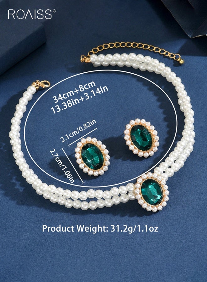 رويس مجموعة مجوهرات نسائية فاخرة متعددة الطبقات من اللؤلؤ الصناعي بتصميم هندسي من الكريستال ومجموعة أقراط من الكريستال مجوهرات عصرية للنساء كهدية للحفلات باللون الأخضر - Image 2