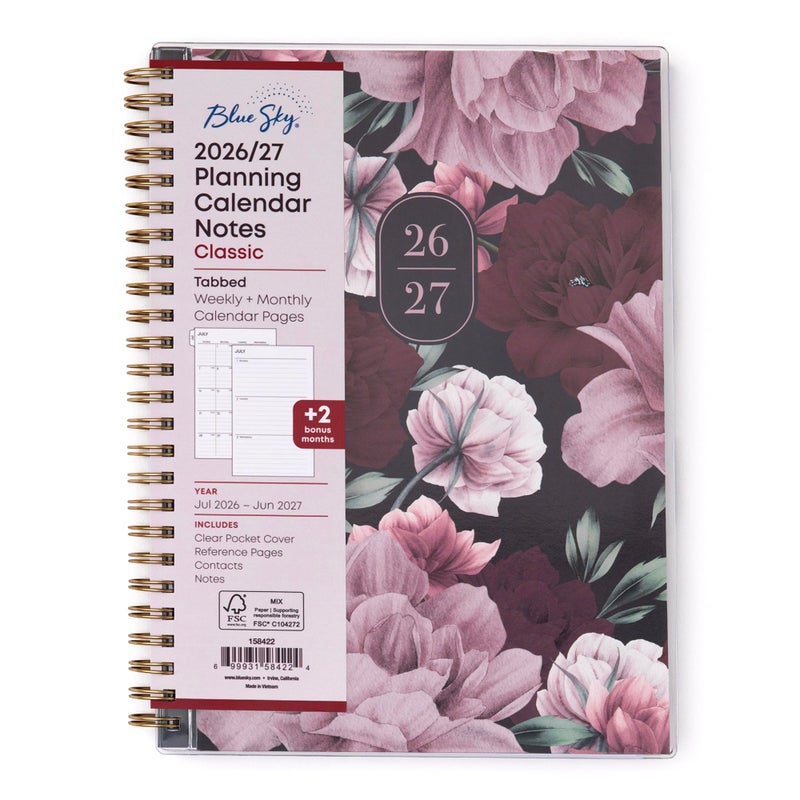 Blue Sky 2026-2027 Weekly and Monthly Academic Year Planner Calendar, July 2026 - June 2027, 5.875" x 8.625", Flexible Pocket Cover, Wirebound, Laminated Tabs, Includes Extra 30 Sheets of Notes, Dark Peonies - Image 1