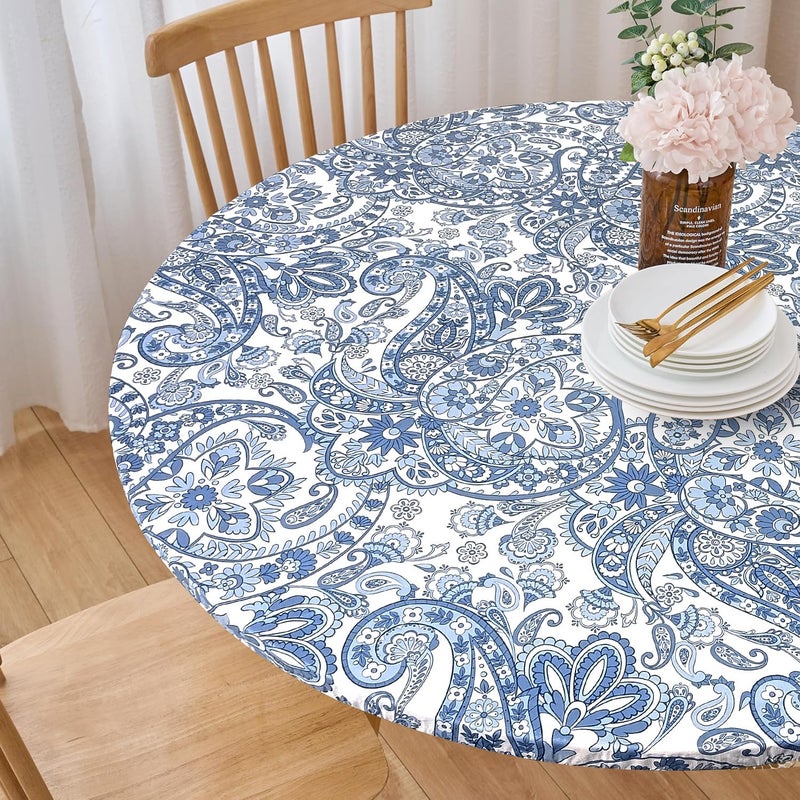 LIBERECOO Luxury Paisley Round Vinyl Tablecloth with Flannel Backing - Waterproof, Oilproof, Wipeable Dining Table Cover for Indoor/Outdoor Use - Image 3