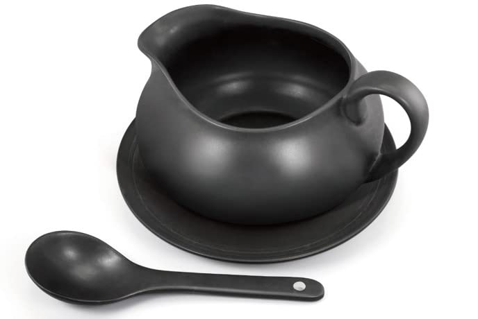 ZENVY 24 Oz Gravy Boat  Ceramic White Gravy Dish Set  Includes Gravy Boat Saucer and Spoon Matte Black 