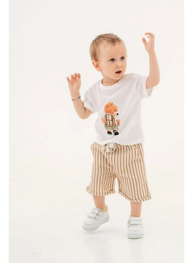 Magu Cotton Teddy Bear Print White Baby Boy T-Shirt and Striped Shorts Two-Piece Set (6-24 Months)