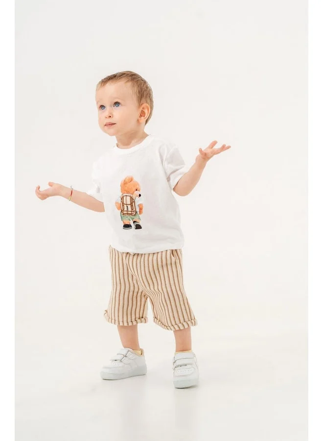 Magu Cotton Teddy Bear Print White Baby Boy T-Shirt and Striped Shorts Two-Piece Set (6-24 Months)