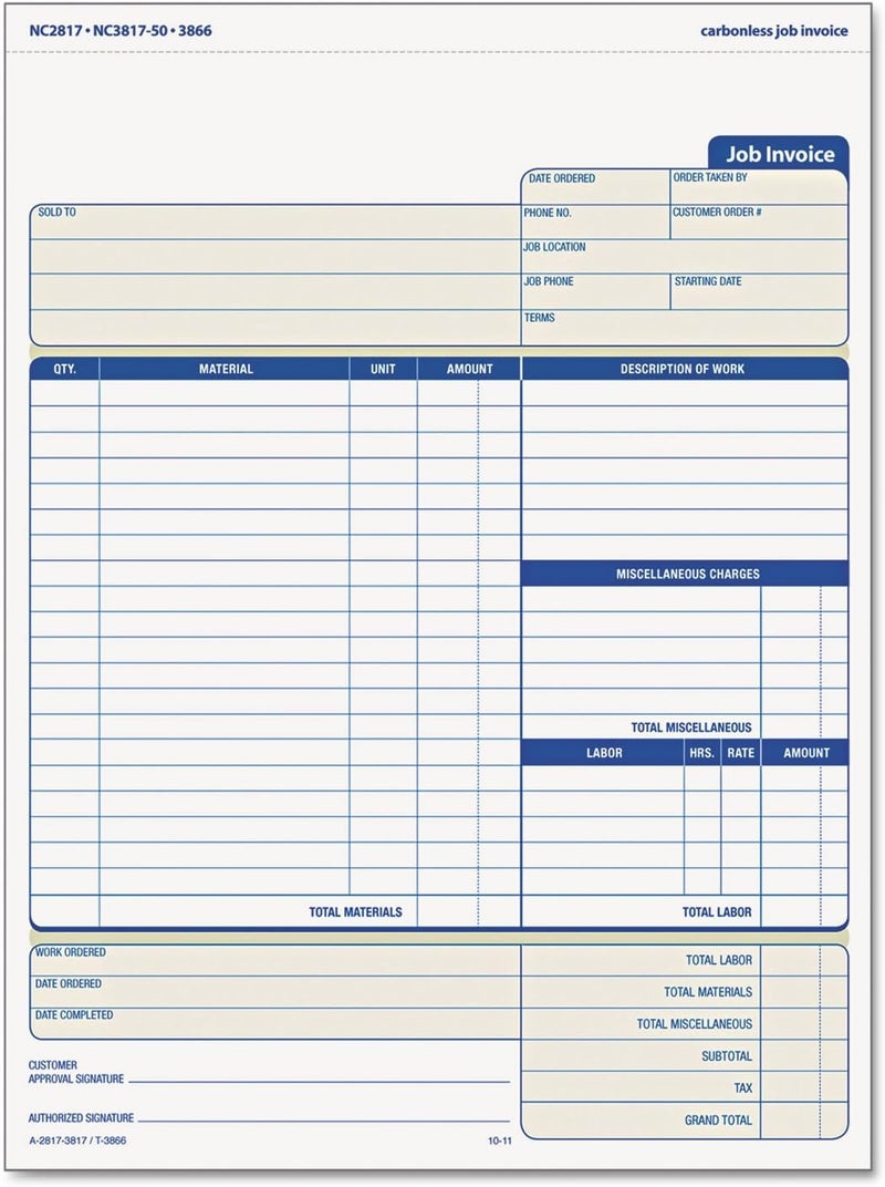TOPS Job Invoice with Materials List, 3-Part, Carbonless, 8.5 x 11 Inches, 50 Sets per Pack - Image 1