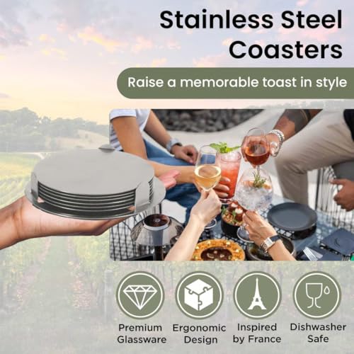 Giftana Round Coaster Set for Home and Office, Non-Slip Drink Coasters for Dinning Table, Bar -Matt Finish- Steel Coasters with Stand for Tea Cups,Coffee Mugs,Glasses (Set of 6 Pieces) (Silver) - Image 3