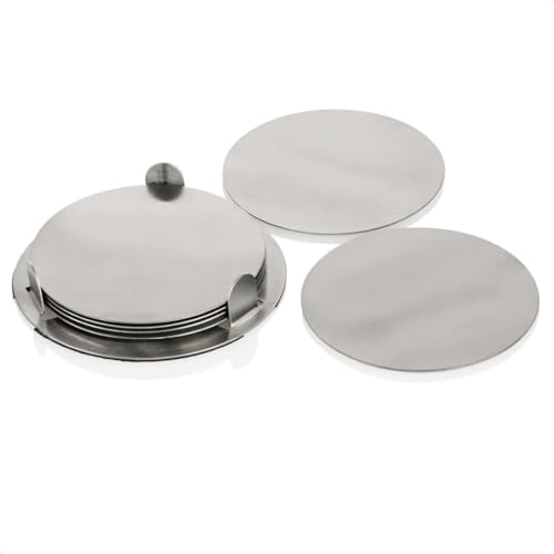 Giftana Round Coaster Set for Home and Office, Non-Slip Drink Coasters for Dinning Table, Bar -Matt Finish- Steel Coasters with Stand for Tea Cups,Coffee Mugs,Glasses (Set of 6 Pieces) (Silver) - Image 1