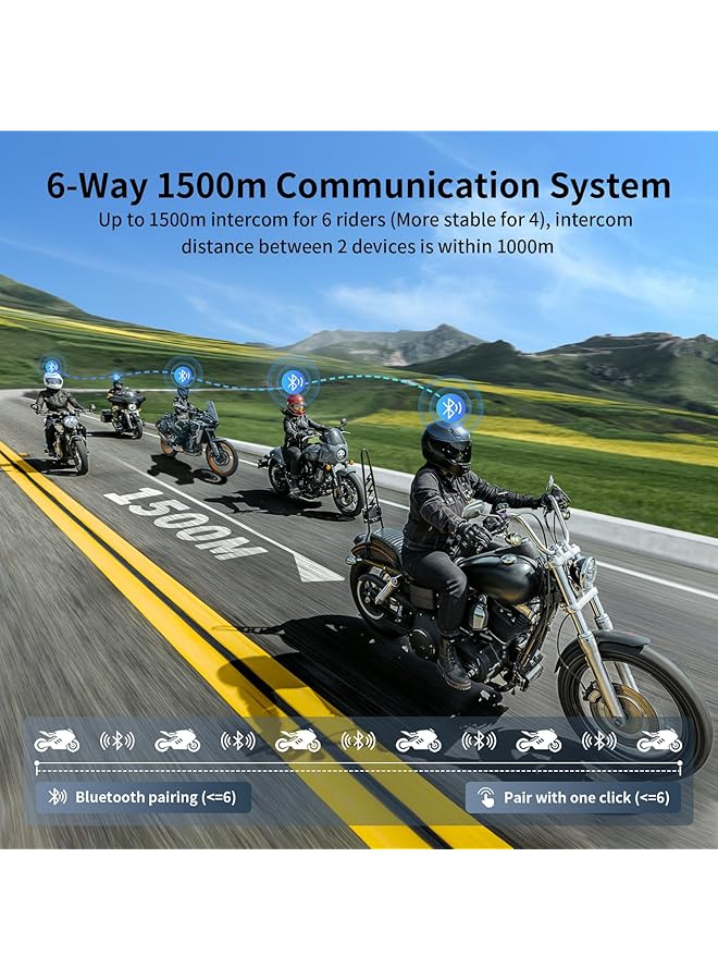 fodsports Fx8 Air Motorcycle Bluetooth Headset, 6 Motorcycles Motorbike Bluetooth Intercom With Range 1500M, Fm Radio, Dsp Cvc Noise Canceling Headphones, 3 Sound Effects, 1 Pack - Image 2