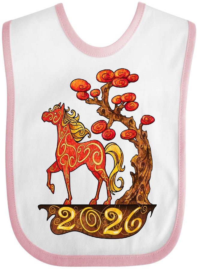 inktastic 2026 Year Of the Horse- Happy New Year's Baby Bib White and Pink 47a69 - Image 1