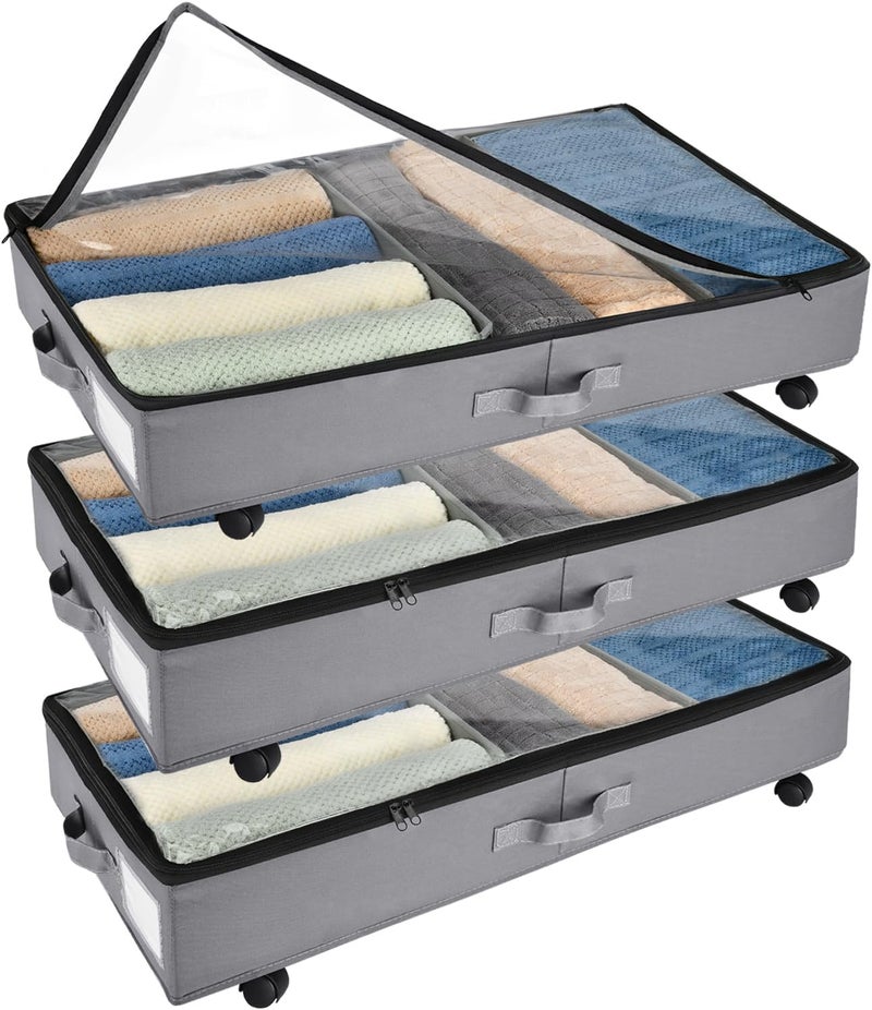 Xtsuen Metal Frame Underbed Shelf with 360° Rotating Wheels with One Base Plate and Two Adjustable Dividers with Clear Window for Clothes, Shoes and Blankets - Image 1