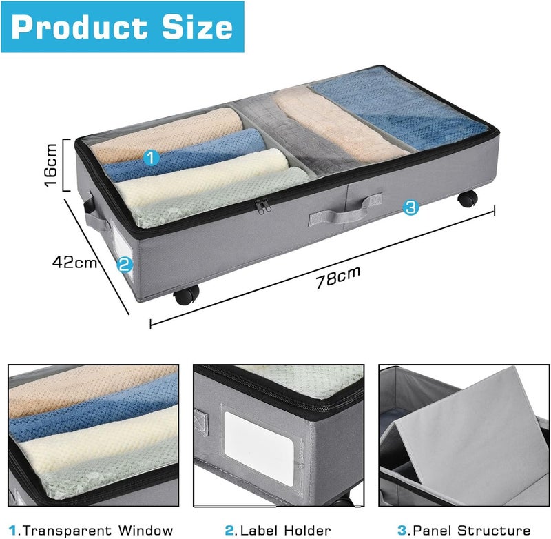 Xtsuen Metal Frame Underbed Shelf with 360° Rotating Wheels with One Base Plate and Two Adjustable Dividers with Clear Window for Clothes, Shoes and Blankets - Image 3