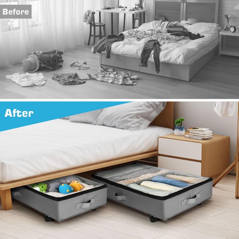 Xtsuen Metal Frame Underbed Shelf with 360° Rotating Wheels with One Base Plate and Two Adjustable Dividers with Clear Window for Clothes, Shoes and Blankets - Image 4