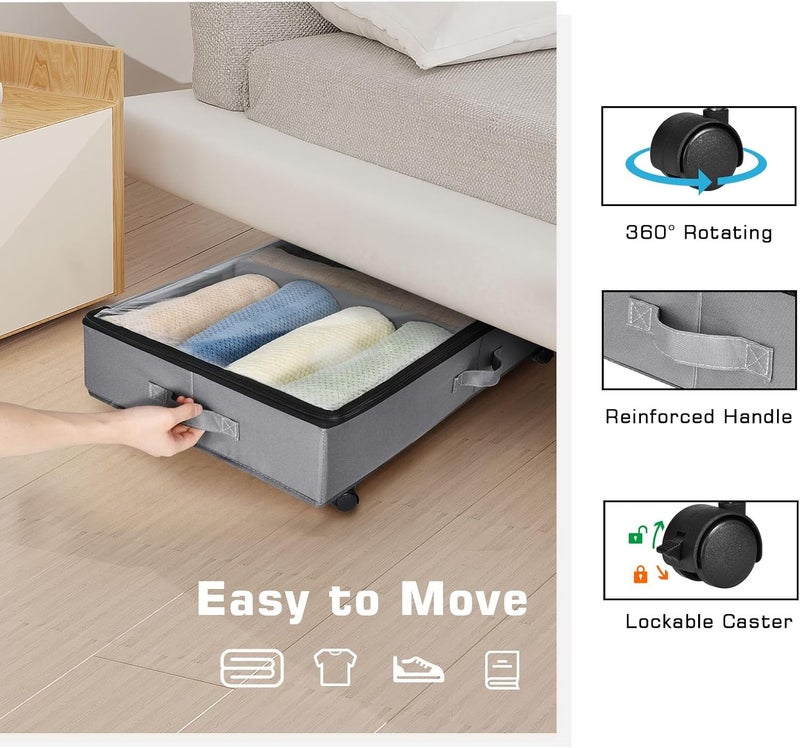 Xtsuen Metal Frame Underbed Shelf with 360° Rotating Wheels with One Base Plate and Two Adjustable Dividers with Clear Window for Clothes, Shoes and Blankets - Image 2