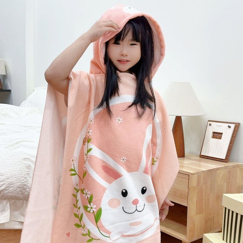 Kids Hooded Poncho Towel Quick-Dry Bathrobe Pink rabbit doll 60*120cm (suitable for children under 100cm) free backpack 