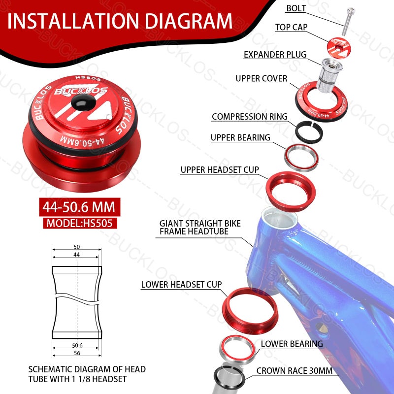 BUCKLOS 1-1/8 Bike Headset MTB Threadless 34 44 44-50.6 44-55 44-56 41.8-52mm, Straight Tapered Tube Mountain Bikes Road Bicycle Double Sealed Bearings Headsets, for Frame Fork Expander Plug Star Nut - Image 2