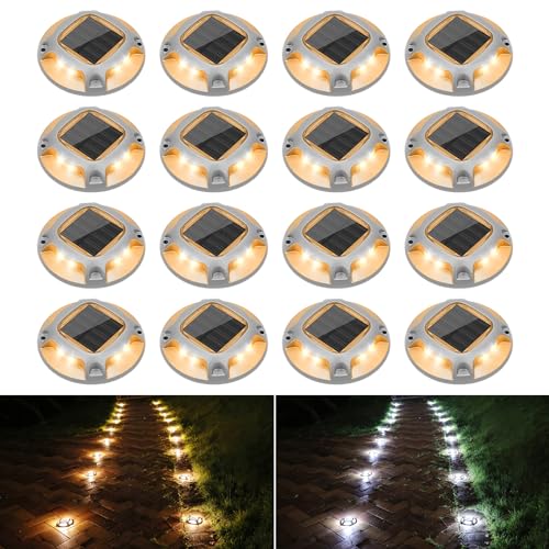 VOLISUN Solar Driveway Lights Dock Marine Lights 16 Pack,2 Colors in 1,Outdoor LED Deck Light,Solar Powered Waterproof Warning Step Ligh for Driveway Sidewalk Pathway (White/Warm White) - Image 1