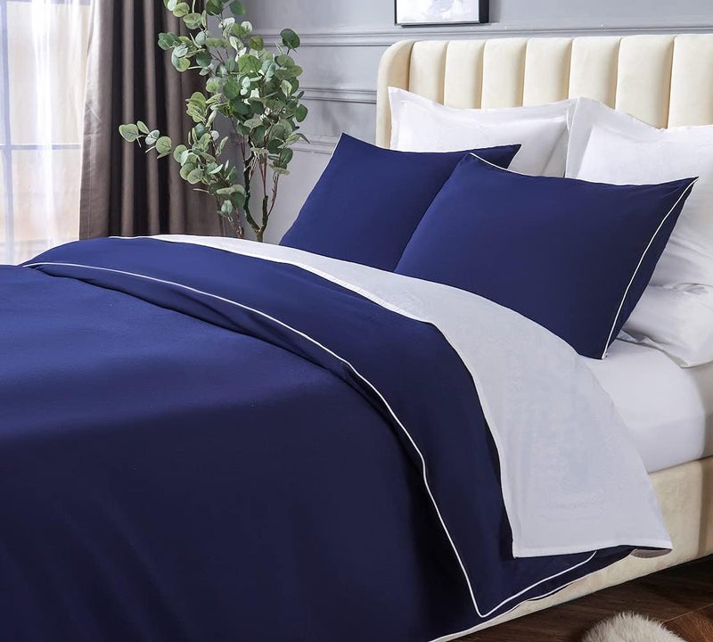 DAUAOTO Duvet Cover King Set, Navy Blue Microfiber Bedding with Decorative White Piping, 1 Zipper Closure Cover + 2 Shams - Image 2