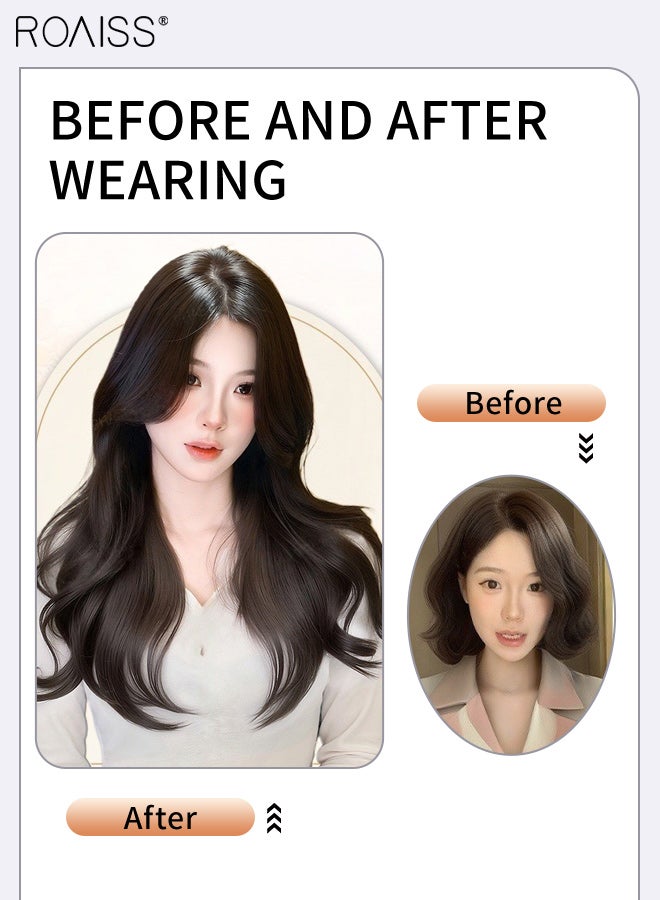 roaiss V-Shaped Brown Black Hair Extensions, Fluffy and Voluminous One Piece Curly Hair Extension with 5 Clips, Heat Resistant Synthetic Hairpiece for Women Girls, 55cm/21.65 inches - Image 5