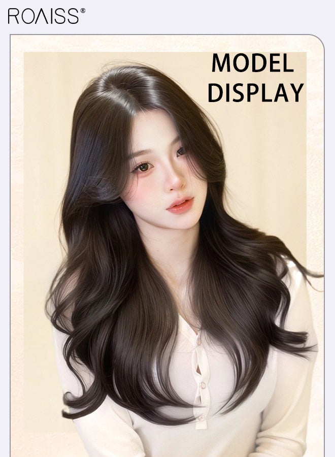 roaiss V-Shaped Brown Black Hair Extensions, Fluffy and Voluminous One Piece Curly Hair Extension with 5 Clips, Heat Resistant Synthetic Hairpiece for Women Girls, 55cm/21.65 inches - Image 3