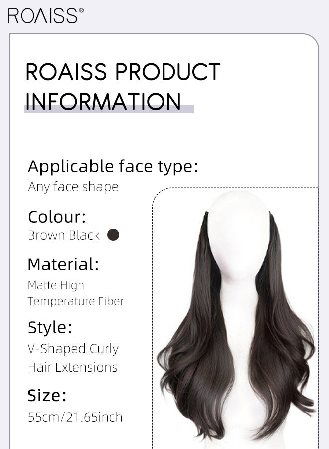 roaiss V-Shaped Brown Black Hair Extensions, Fluffy and Voluminous One Piece Curly Hair Extension with 5 Clips, Heat Resistant Synthetic Hairpiece for Women Girls, 55cm/21.65 inches - Image 4